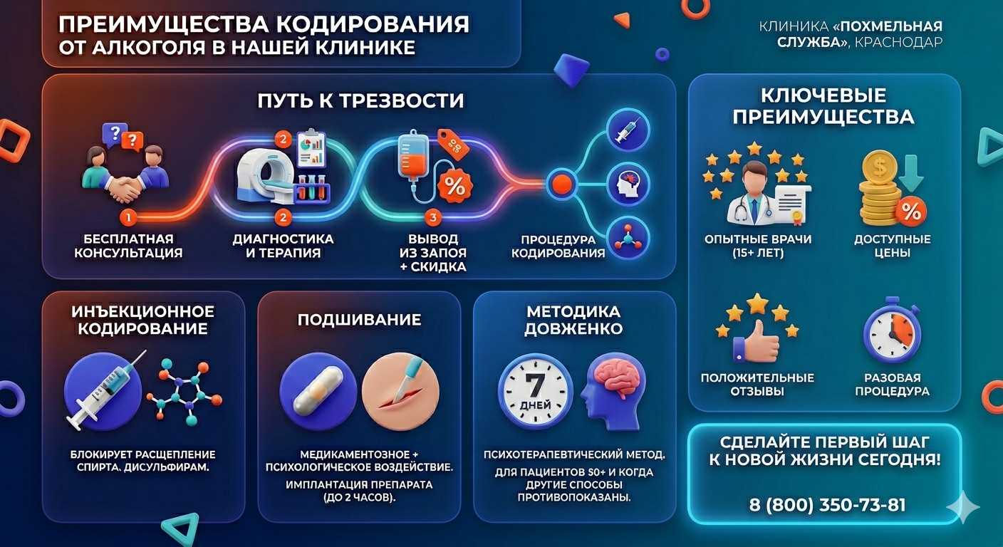 Инфографика о методах кодирования от алкоголя в Гвардейске: инъекции, подшивание, метод Довженко. Преимущества клиники и этапы лечения.